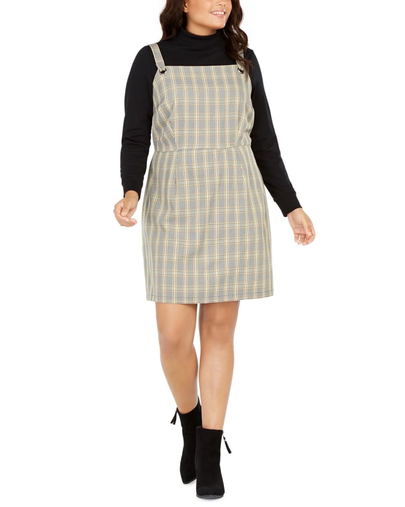 Front of a model wearing a size 1X Be Bop Women's Trendy Plus Size Plaid Jumper Dress Yellow Size 1X in Yellow by Be Bop. | dia_product_style_image_id:312797